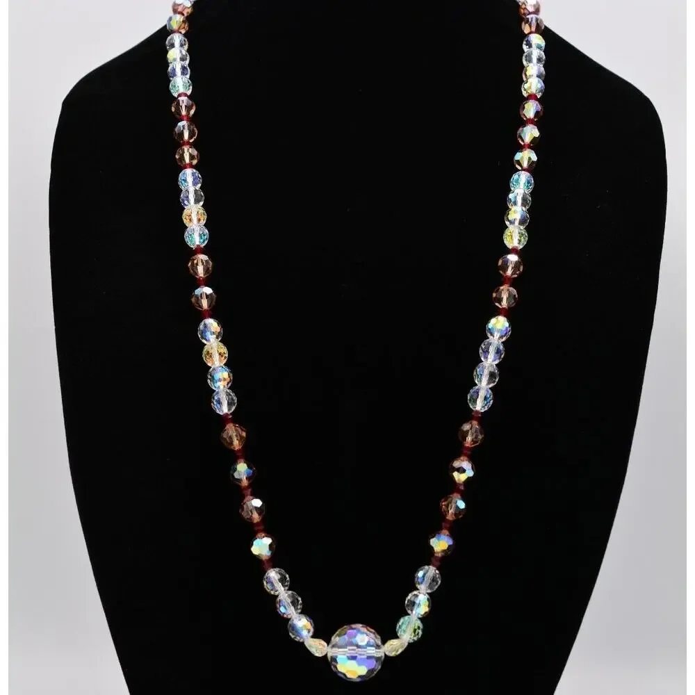 Vintage Glass Crystal Beaded Necklace Aurora Borealis Heavy Chunky Signed Bin3B